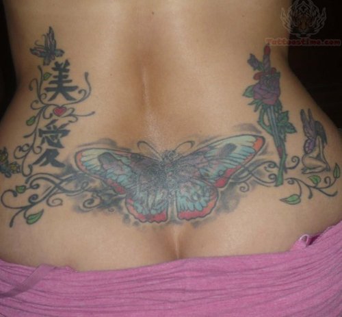 Butterfly And Red Rose Lower Back Tattoos